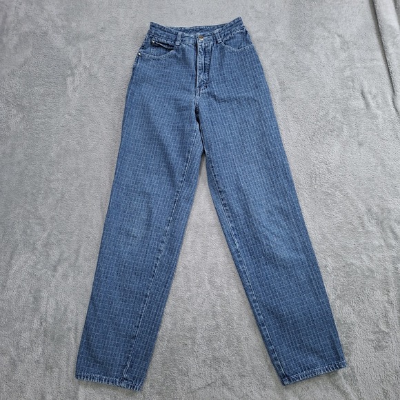 UNIONBAY Denim - Vtg 1980s Grid Print Blue Jeans Union Bay Sz 9 22"x30" 80s Mid Rise Tapered Leg